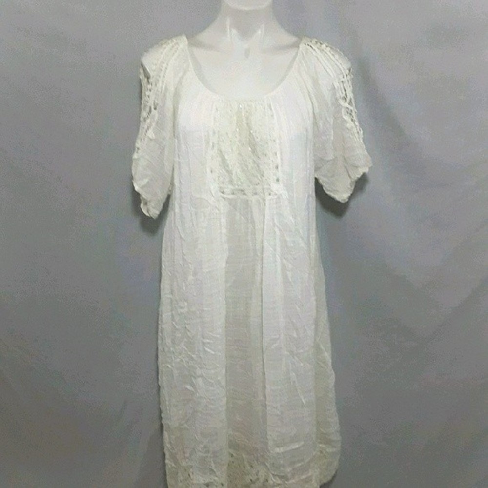 NWT Seduzione Italy White Boho Cold Shoulder Midi Dress M Crochet & Lace Details